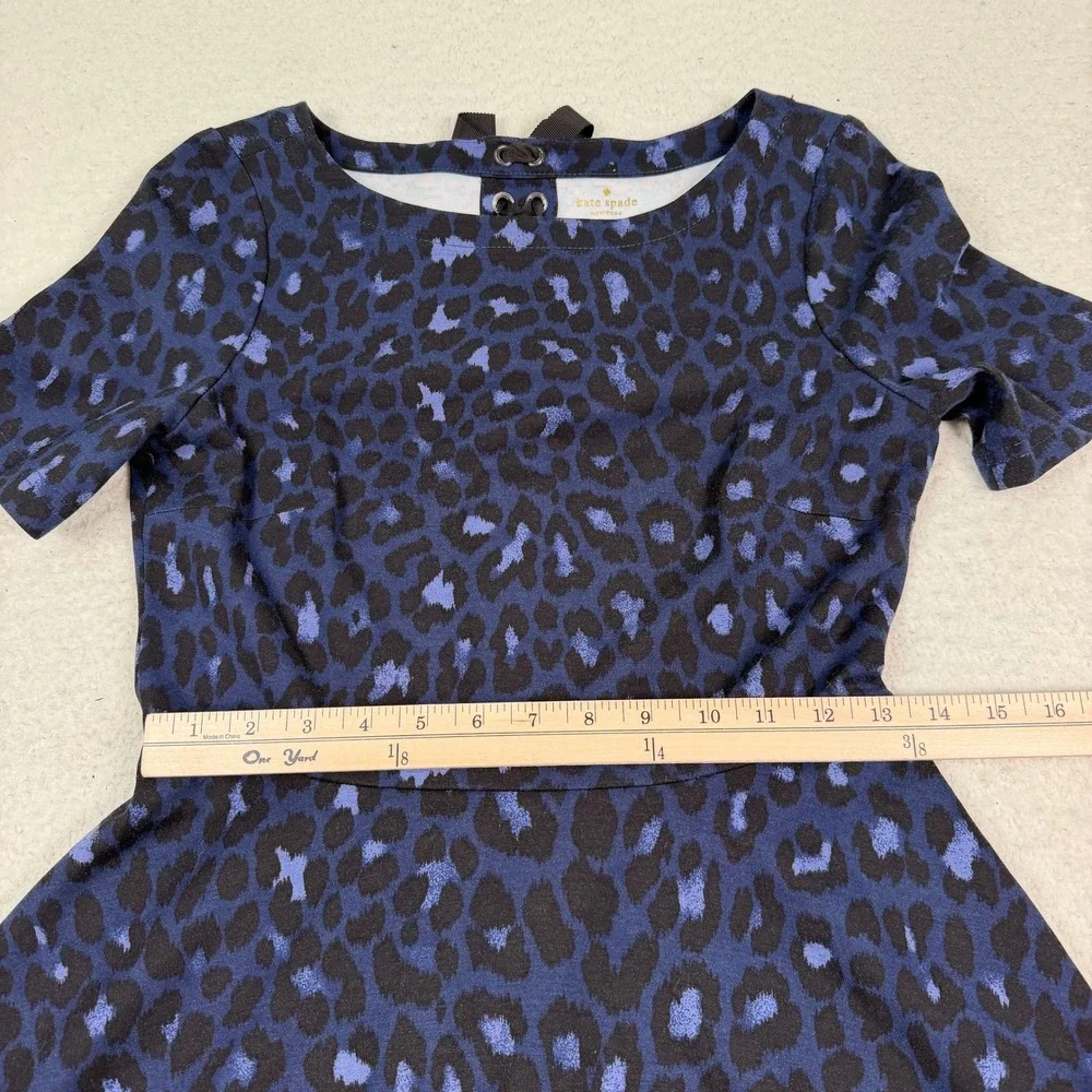 Kate Spade Fit Flare Dress Small Blue Leopard Print Lace Up Back Skater Preppy